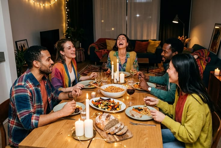Friends enjoying dinner at home