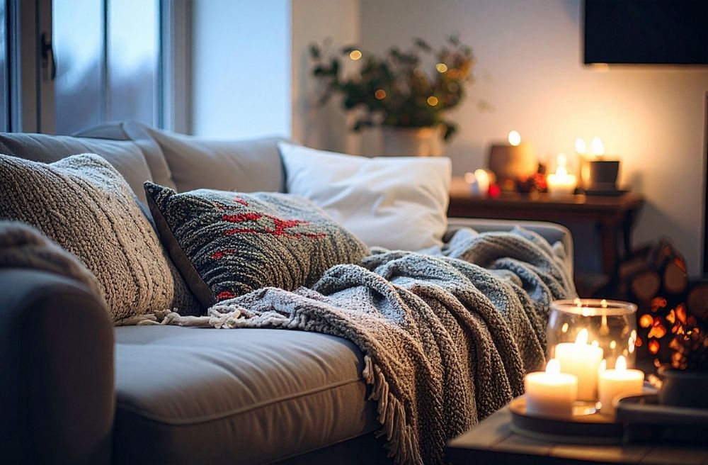 cozy living room with candles and soft lighting