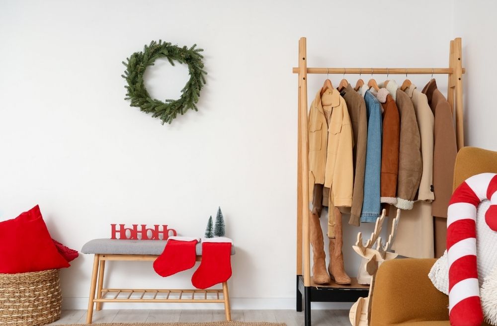 entryway coat rack Christmas decor