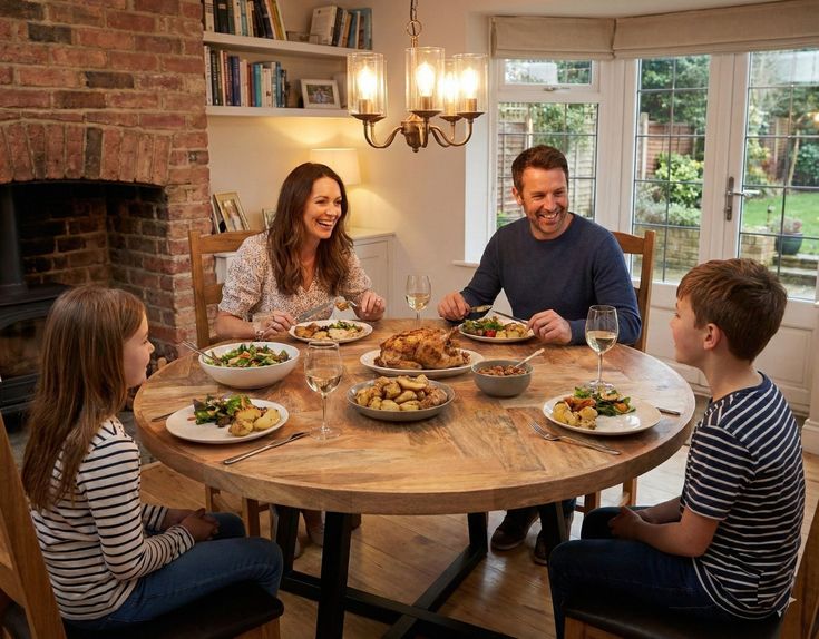family gathered around rustic dining table