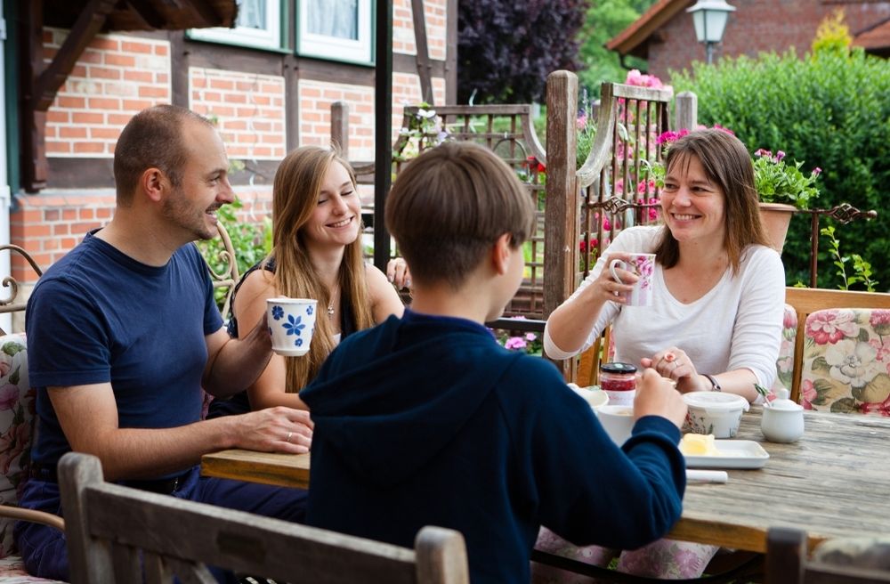 family relaxing after brunch