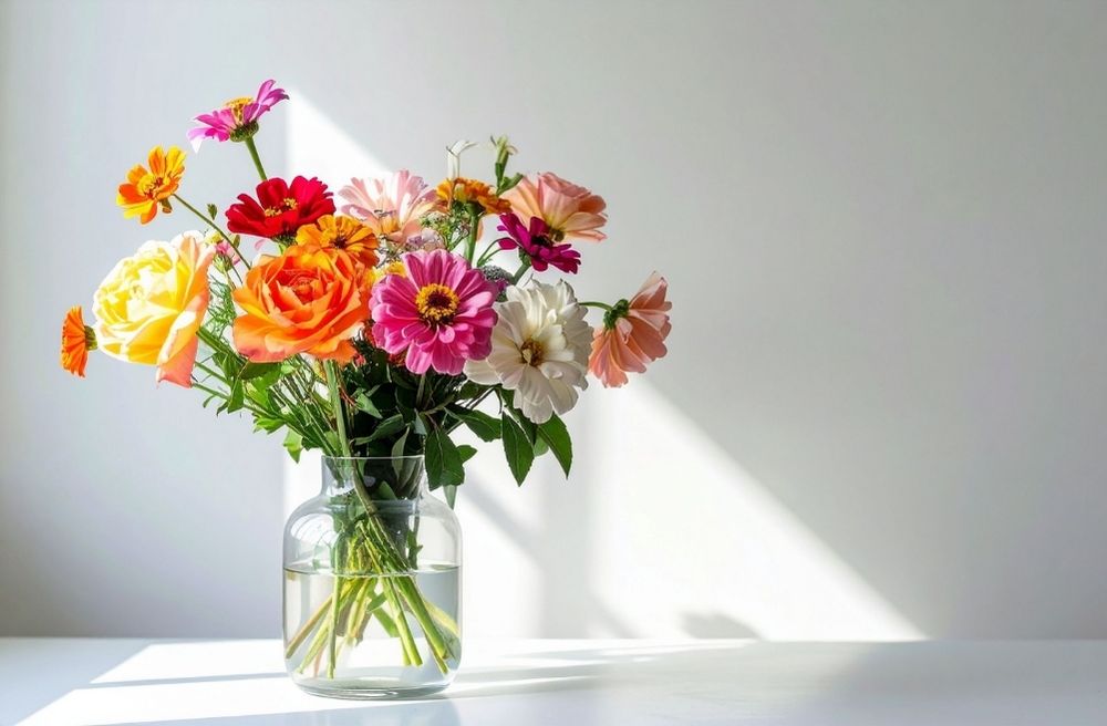 fresh flower bouquet in glass vase for hostess gift