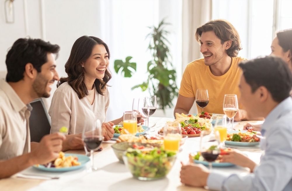 friends enjoying meaningful conversation around dinner table