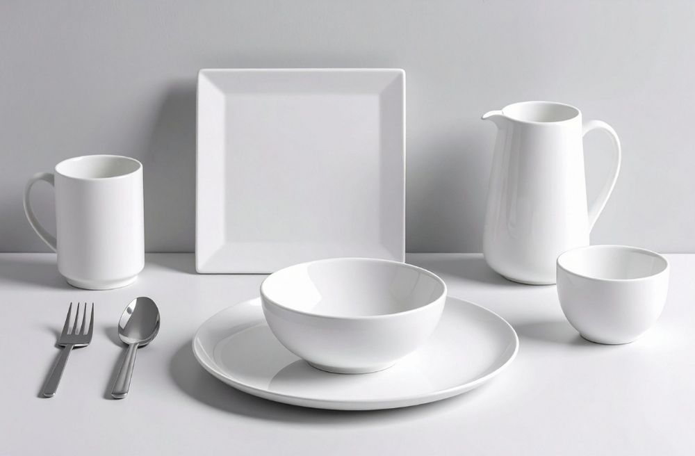 place setting with white ceramic plates, simple glassware