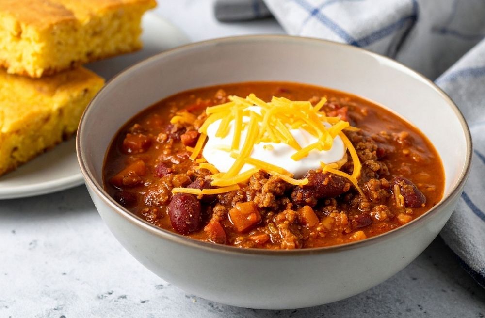 pot of chili surrounded by bowls of cheese