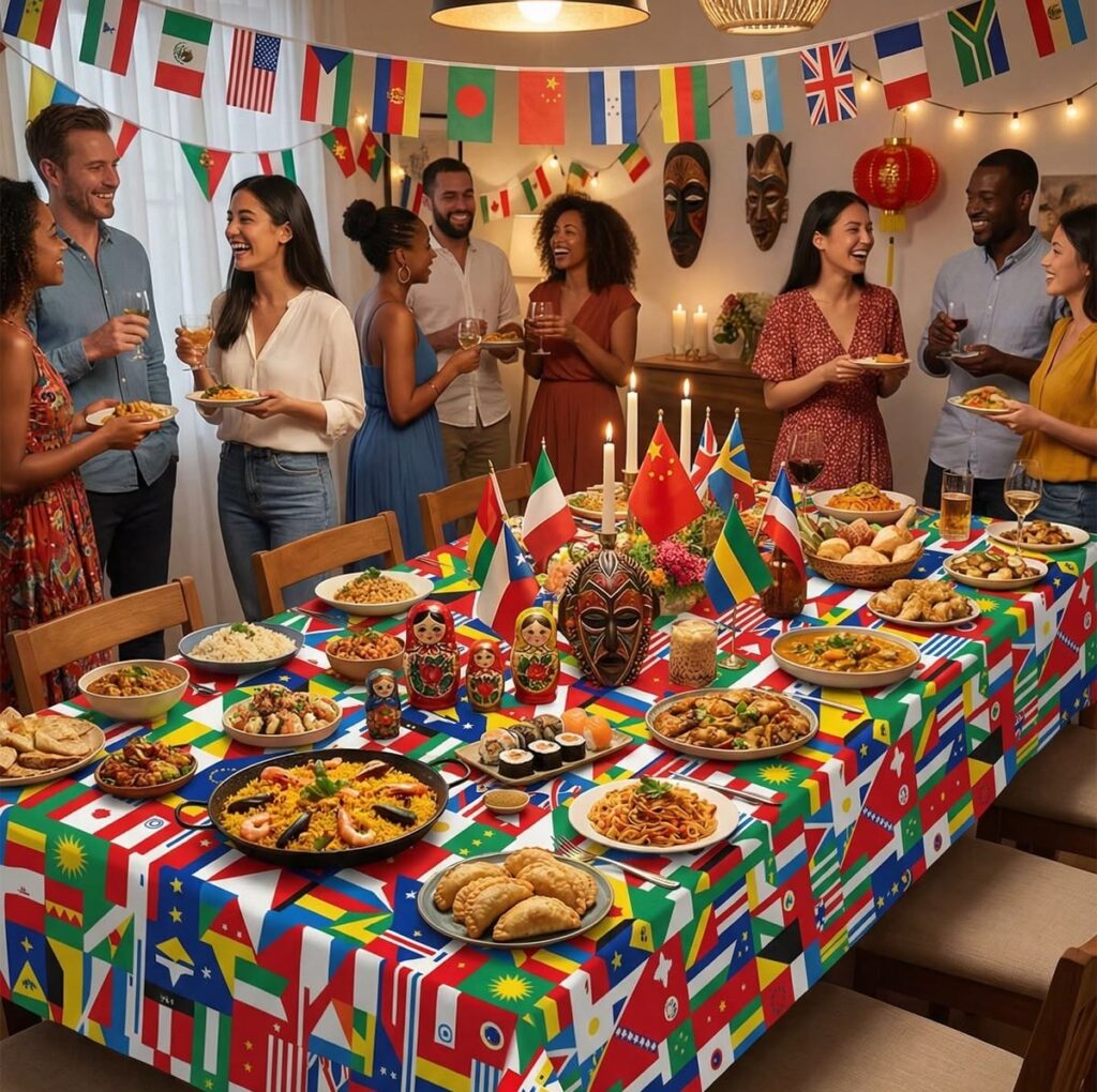 Dishes from different countries, and guests socializing.