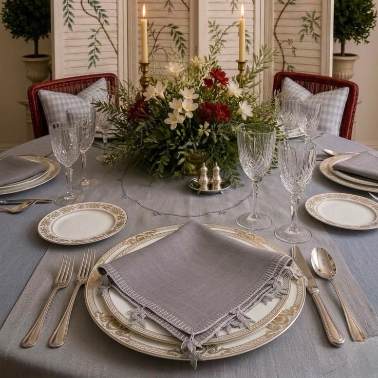 Elegant French dinner table linen table setting
