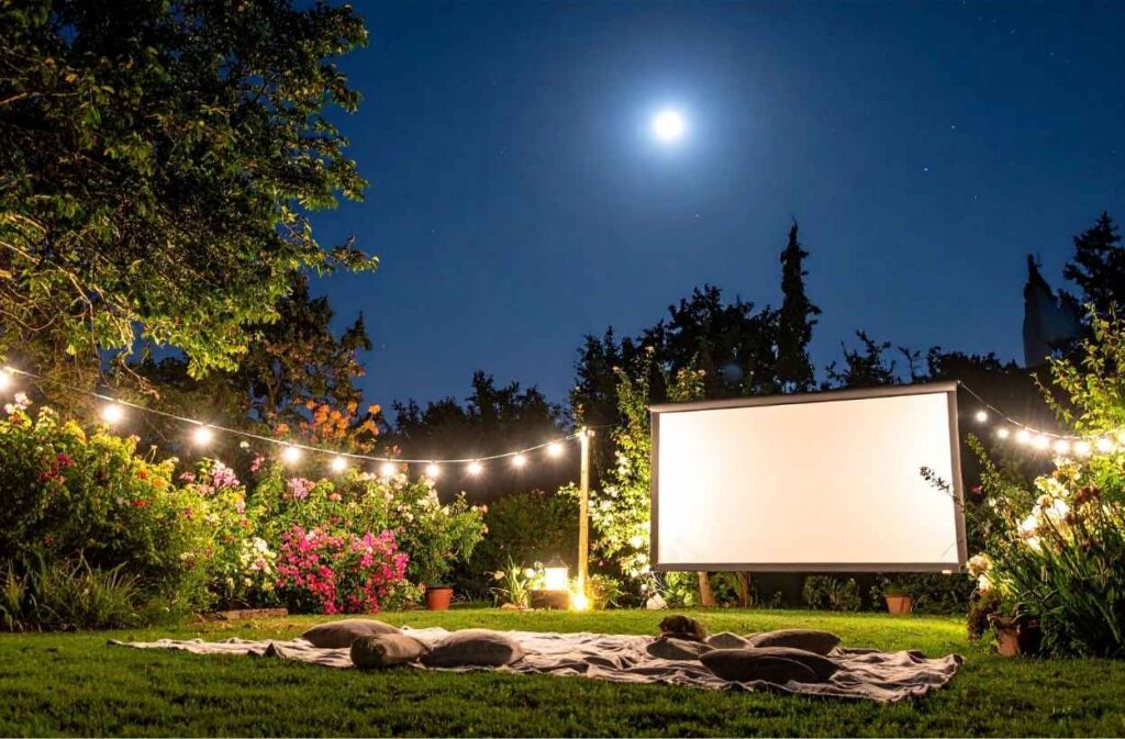 backyard movie night string lights