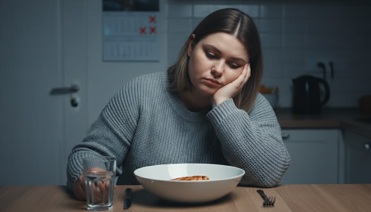 lady looking tired at dinner