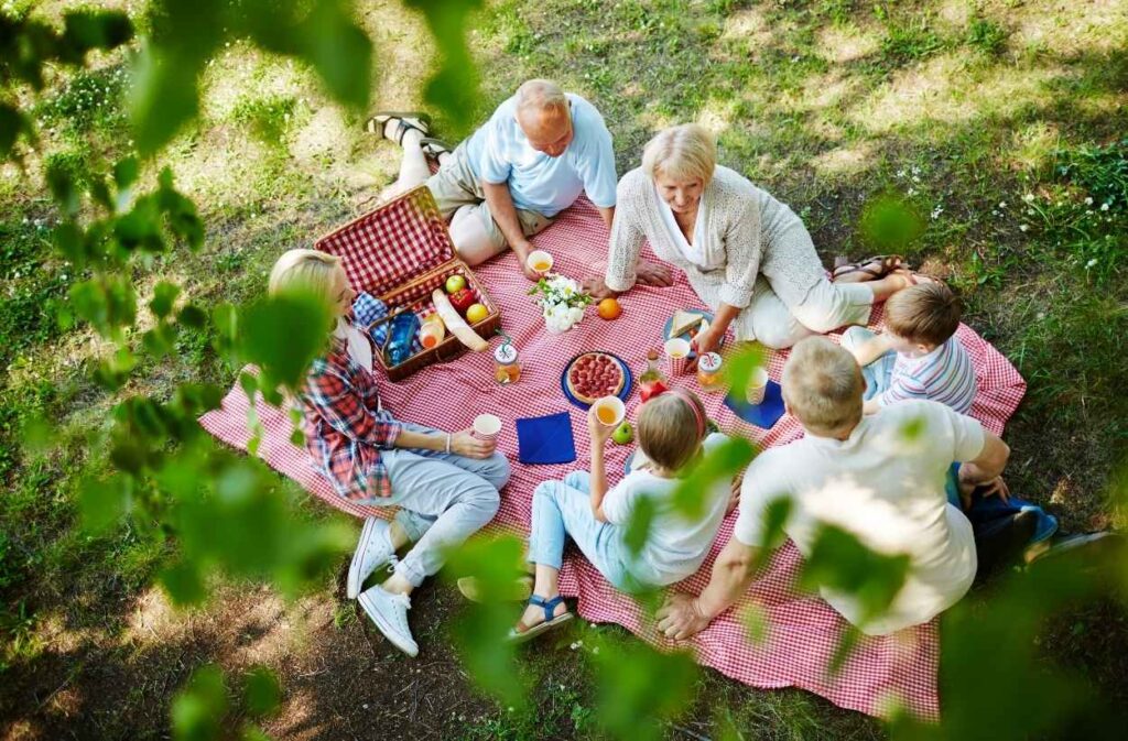 shaded backyard picnic setup