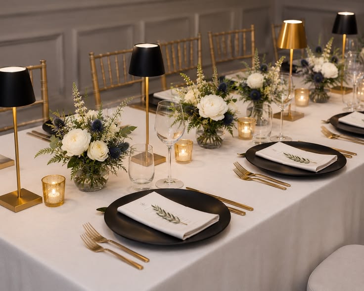 black cream brass tablescape