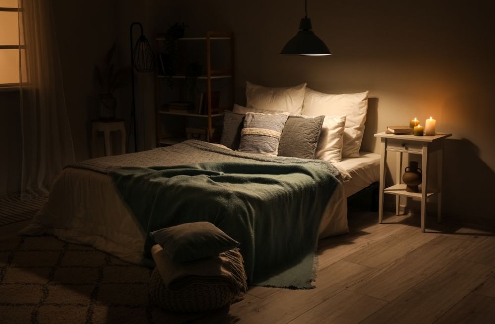 cozy guest bedroom at night