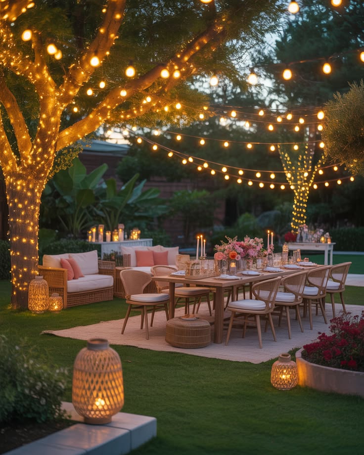 garden party string lights evening