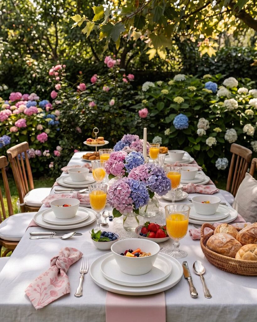 spring garden breakfast table